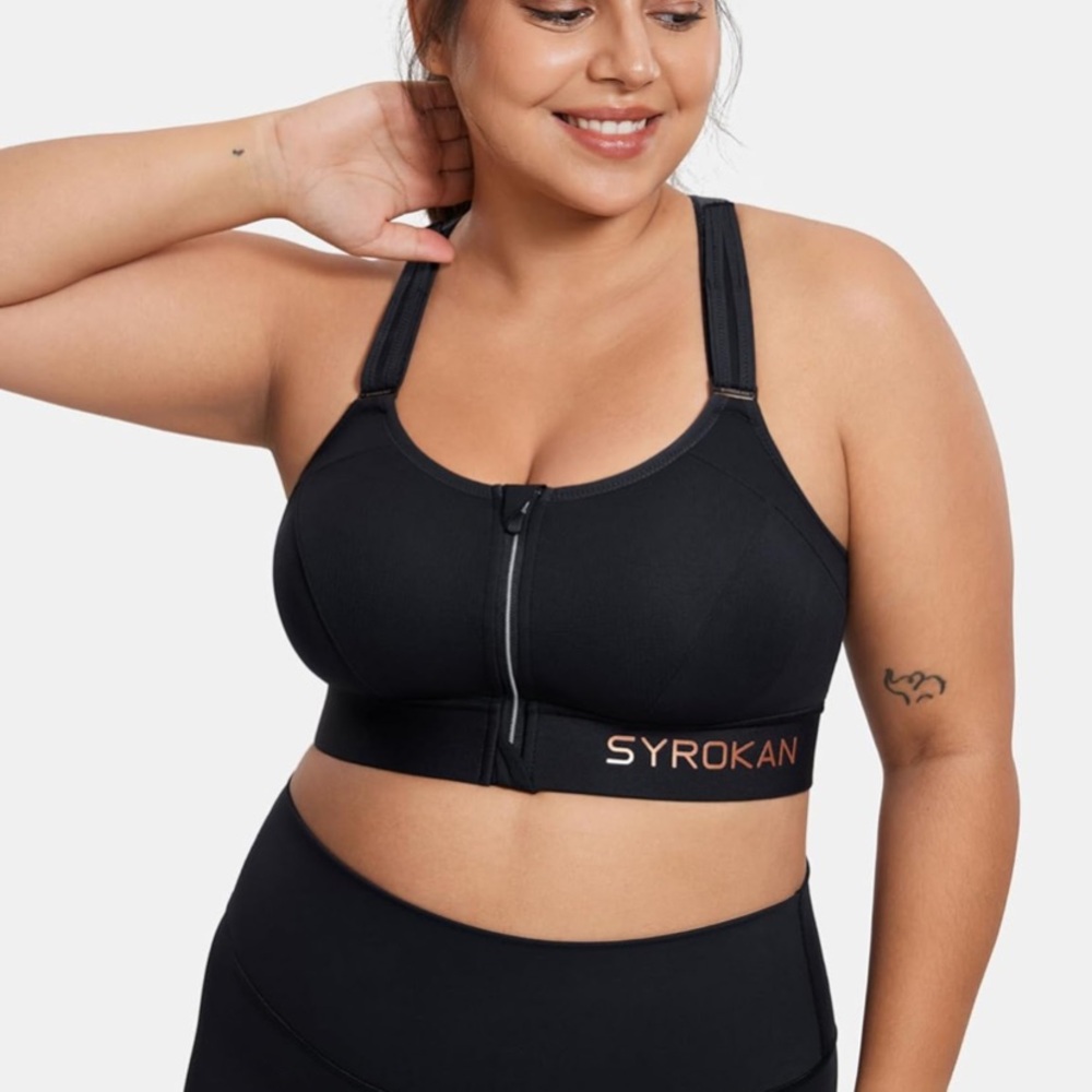 SYROKAN Black High-Impact Sports Bra with Front Zipper